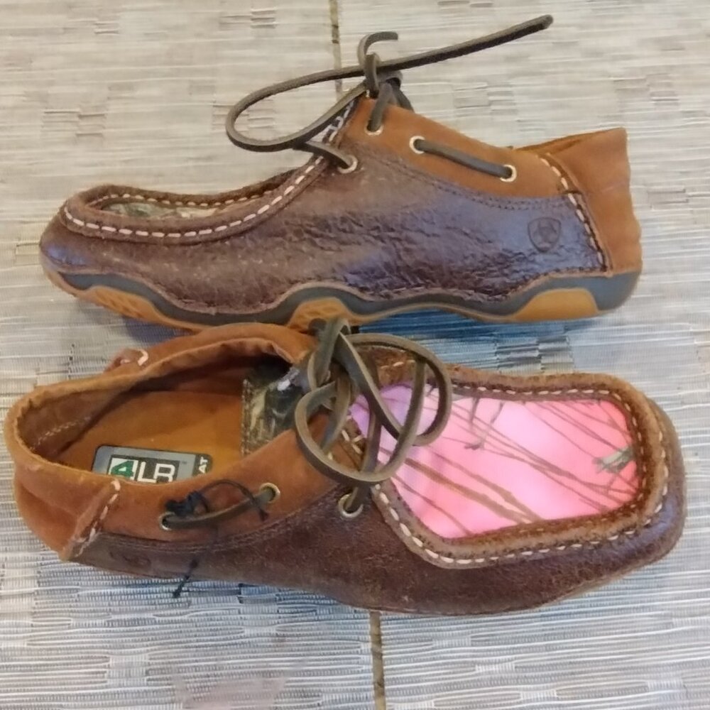 Ariat Brown Leather Rock Springs Timber Square Toe Pink Camo Moccasins Size 8B